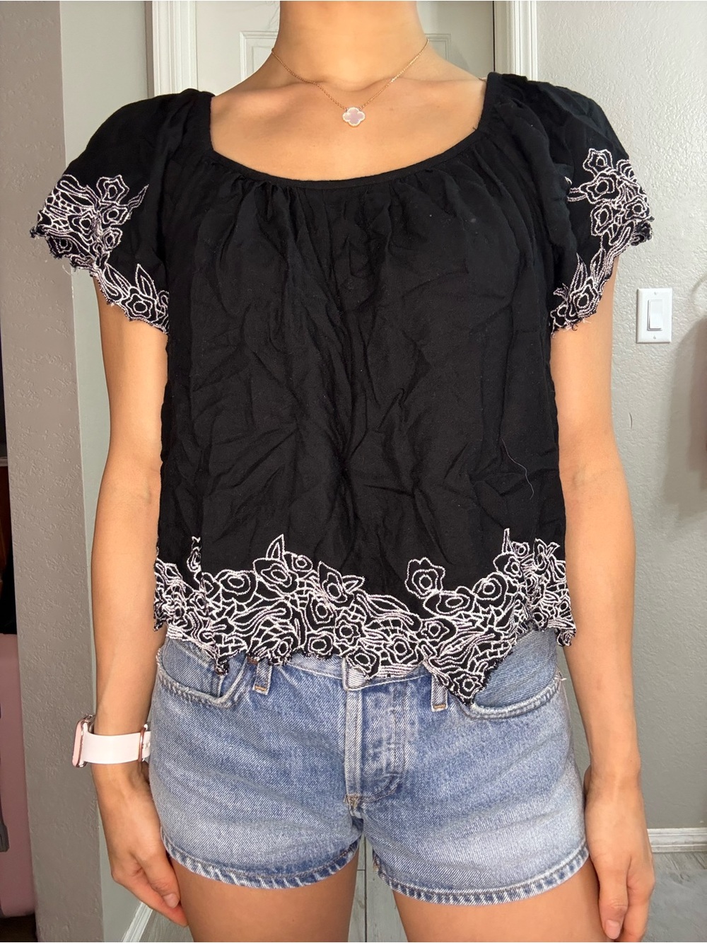 Black Embroidered Short Sleeve Women's Top